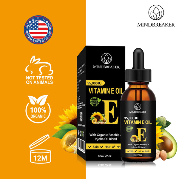 Mindbreaker Vitamin E Oil 35,000 IU + Organic Rosehip & Jojoba Blend - 2 OZ.100% Plant Extract Pure Oils, Moisturizing Oil for Skin and Face (2oz)