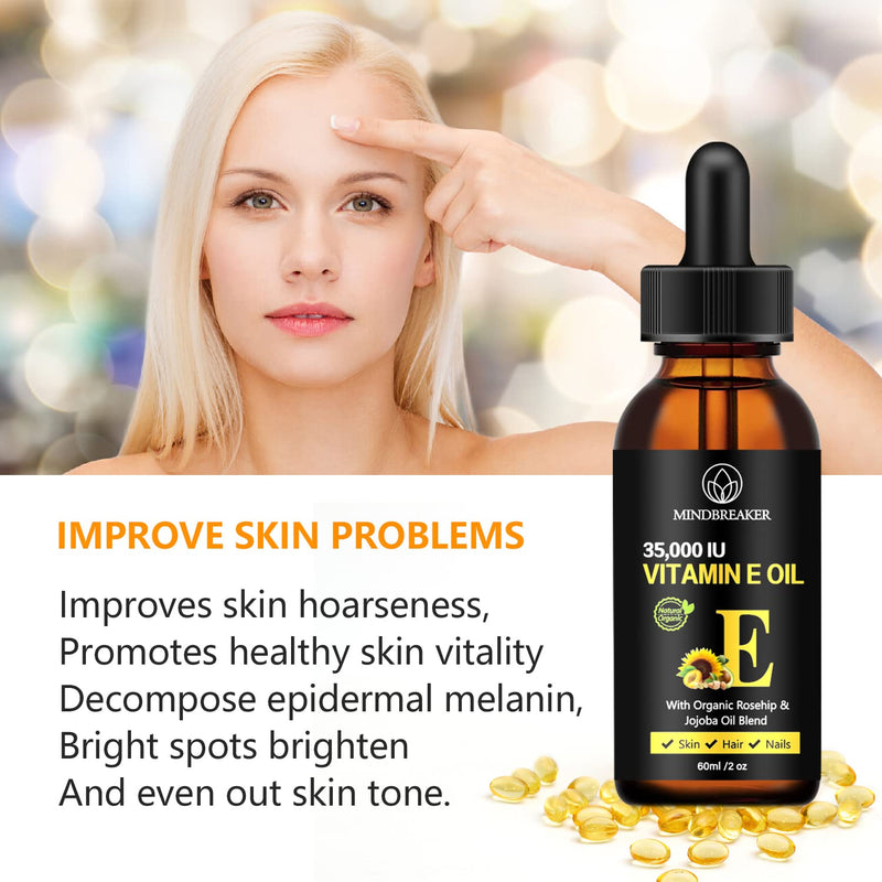 Mindbreaker Vitamin E Oil 35,000 IU + Organic Rosehip & Jojoba Blend - 2 OZ.100% Plant Extract Pure Oils, Moisturizing Oil for Skin and Face (2oz)