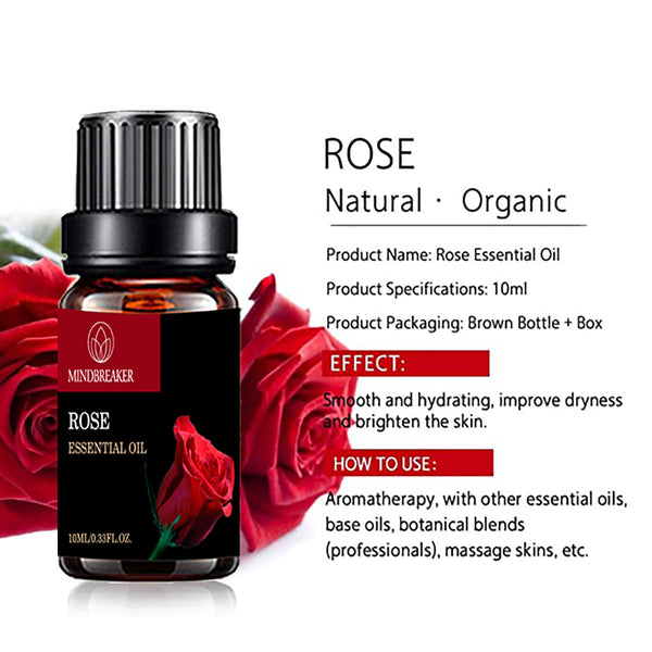 Organic Rose Essential Oil, Organic Aromatherapy Scented Oils 100% Pure Therapeutic Premium Grade Essential Oils (10ml)0.33 oz for Diffuser & Humidifier